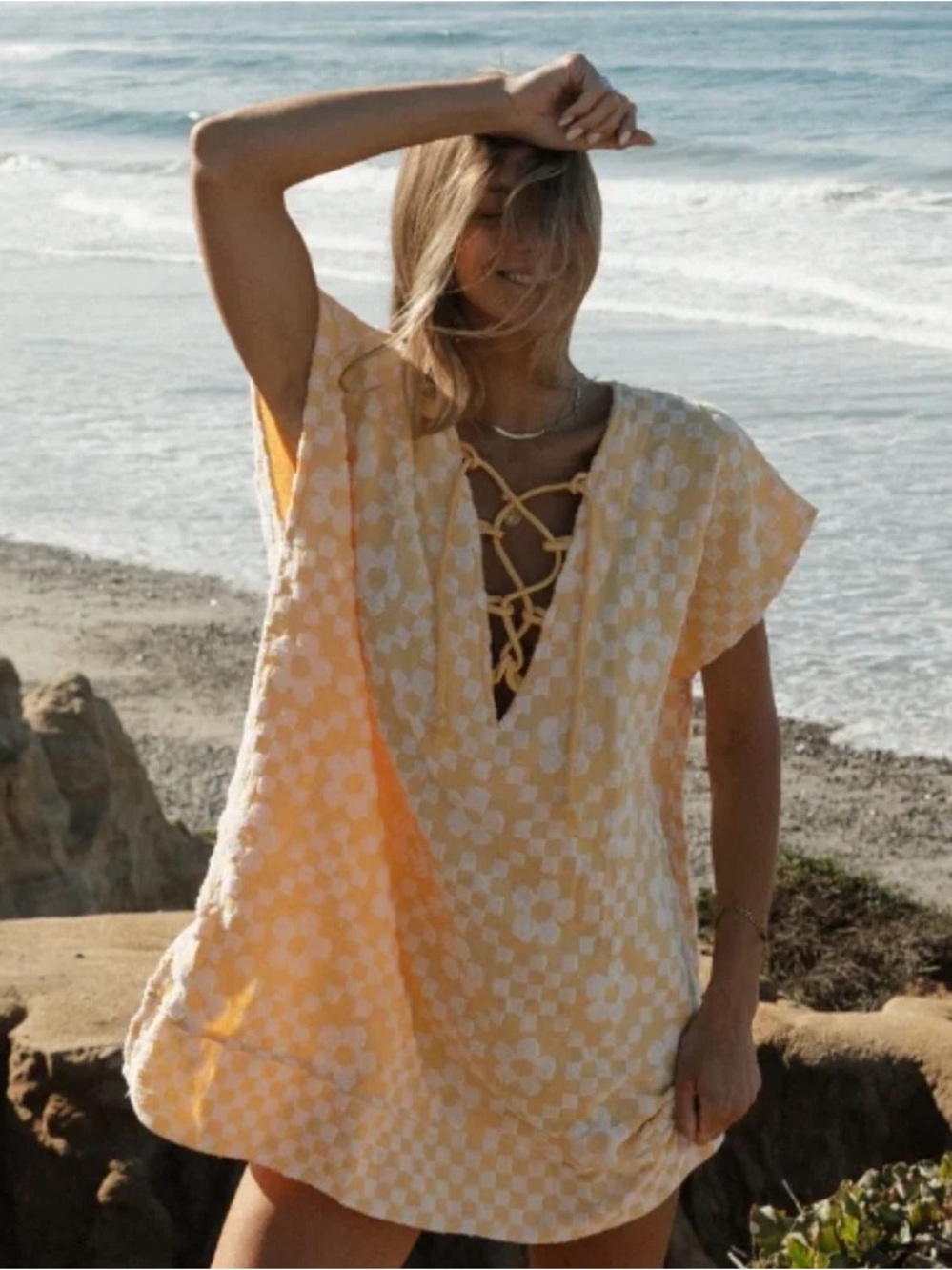 Sand Cloud Floral Check Coverup in Snapdragon Yellow